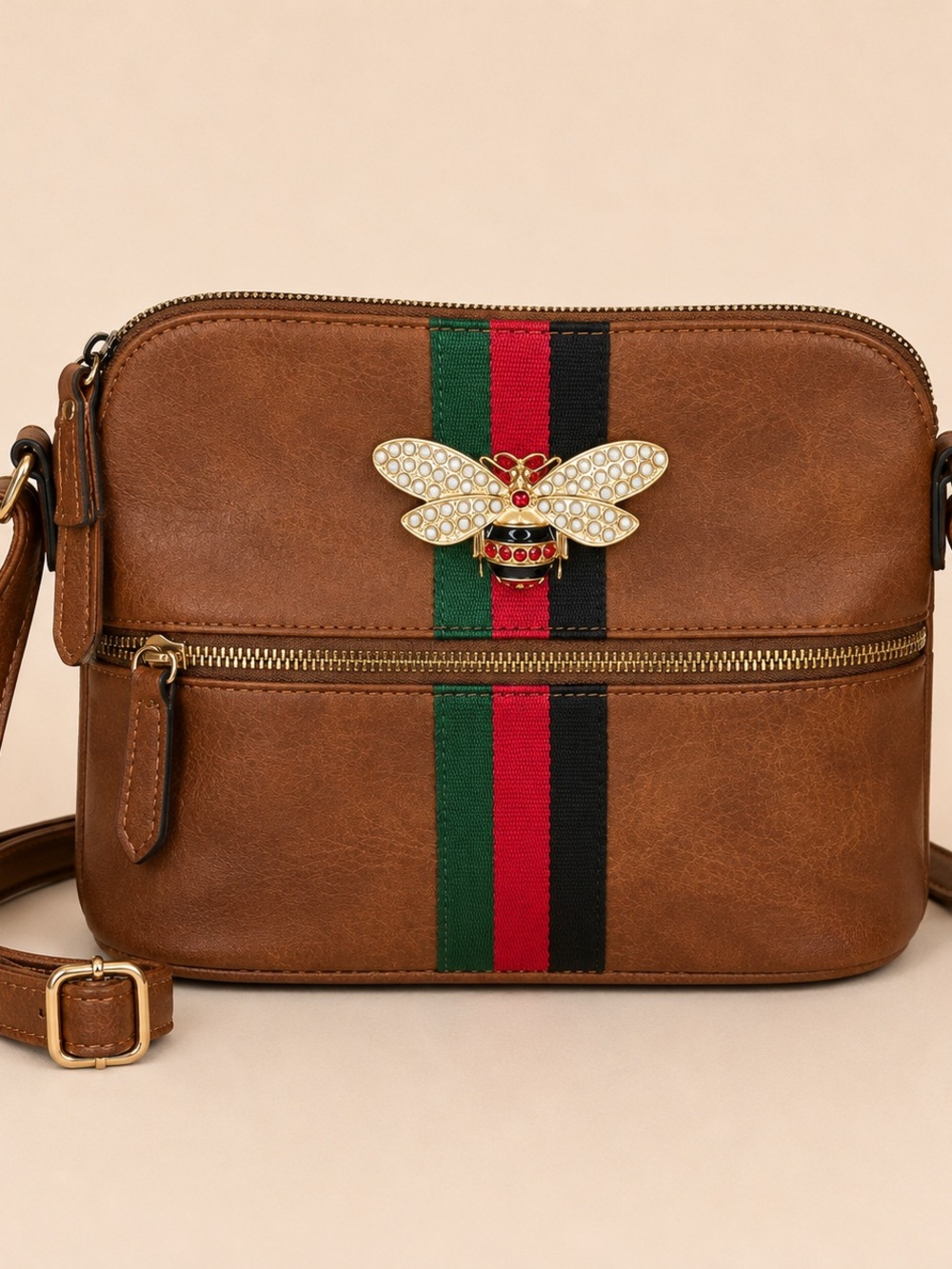 Brown Crossbody Bag with Red & Green Stripe and Gold Bee Accent